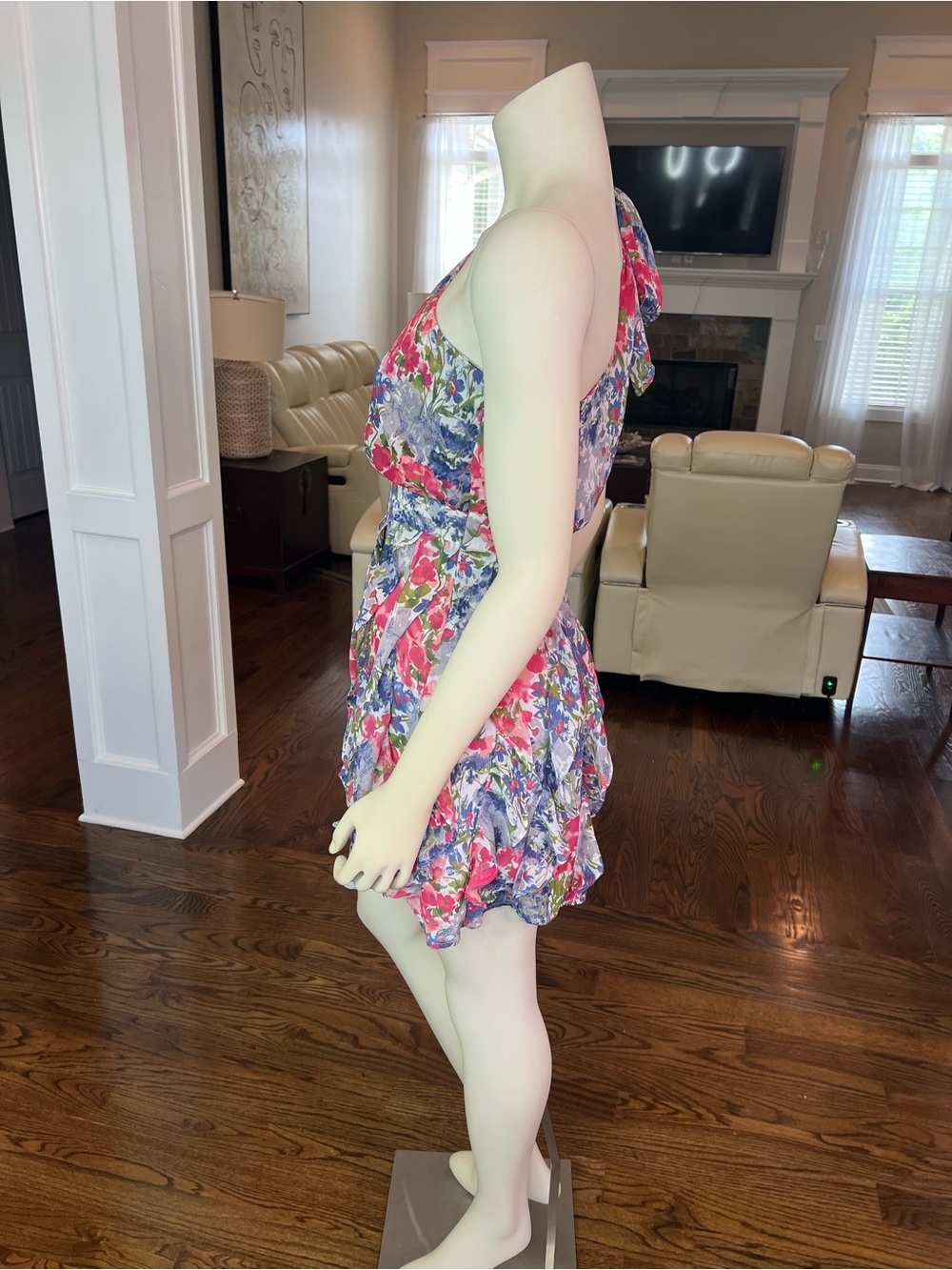 MM Couture One-Shoulder Floral Mini Dress in Pink, Purple, Blue - Picture 5 of 13